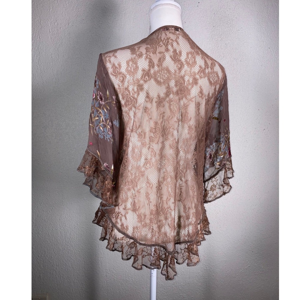 Spencer Alexis Boho Floral Embroidered Lace Kimono Brown Sheer Open Front Top - Picture 5 of 10